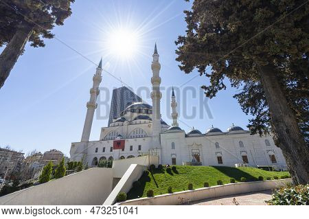 Tirana, Albania. March 2023. Panoramic View Of The New Mosque In The City Center