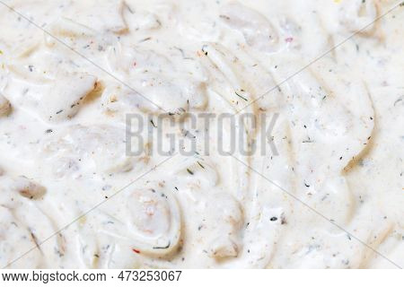 Creamy Chicken Sauce. Closeup Meal Texture. Cream With Onion Cooking. Grany Spices. Food Background.