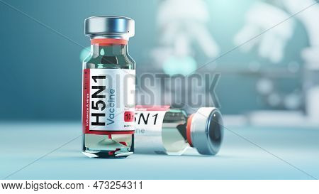 A Vaccine Vial Of H5n1,  Avian Influenza Disease Vaccination Development Concept. 3d Illustration.