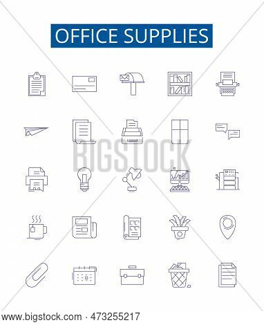 Office Supplies Line Icons Signs Set. Design Collection Of Stationery, Pens, Envelopes, Paper, Notep