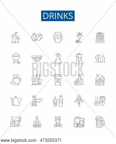 Drinks Line Icons Signs Set. Design Collection Of Beverages, Juice, Soda, Martini, Smoothie, Cocktai