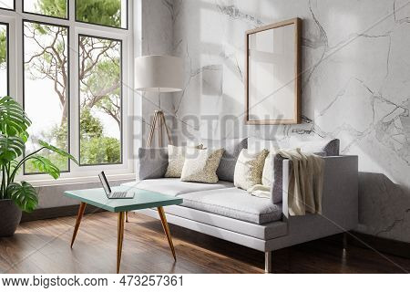 Cozy Living Room Interior In Room Corner; Sunlight Shining Trough Window; Floorlamp And Couch Table 
