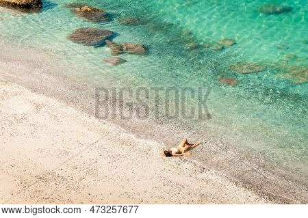 Aerial Panoramic View Tourist Woman In Bikini Lay On White Sand Beach By Turquoise Water In Persian 