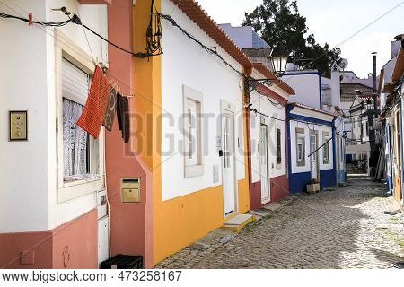Alcochete, Lisbon, Portugal- November 21, 2022: Typical Facades And Narrow Streets In Alcochete Town