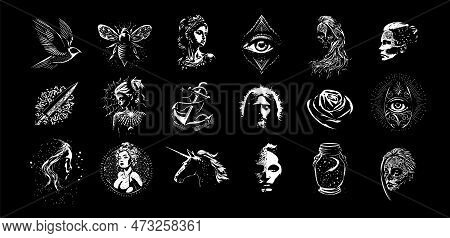 Tattoo Sketch Collection, Modern Dotwork Tippling Tattoo. Hand Drawing Objects Emblem On Black Backg