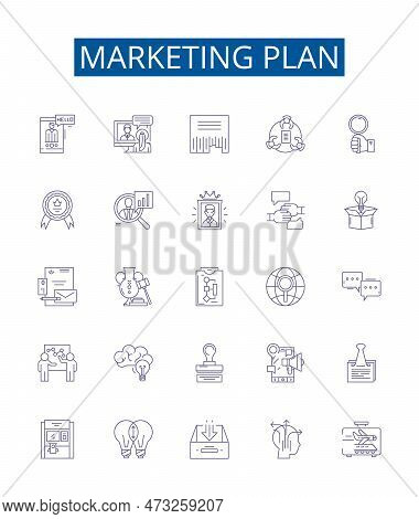 Marketing Plan Line Icons Signs Set. Design Collection Of Campaign, Strategy, Objectives, Target, An