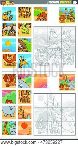 Cartoon Illustration Of Educational Jigsaw Puzzle Games Set With Funny Wild Safari Animals Character
