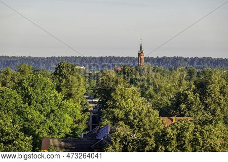 Aerial Panoramic View Of Lithuanian Resort Druskininkai With Church Of Saint Marys Scapular