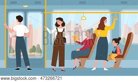 Inside Public Transport. People Travel By Train, Urban Infrastructure. Passengers And Tourists Insid