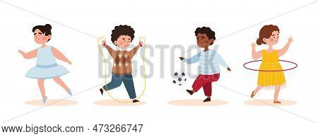 Set Of Kids Sports Activities. Ballerina Girl, Football Player Boy With Ball, Schoolboy With Skippin