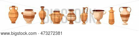 Old Pottery Set. Ancient Greek Vases, Antique Pots, Vintage Jugs, Clay Vessels, Urns. Crockery Desig
