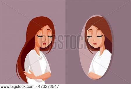 Sad Depressed Woman Looking In The Mirror Feeling Anxious Vector Illustration