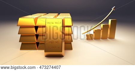Stacked Fine Gold Bars With An Upswing Arrow On A Grey Background, 3d Rendering, Financial Concept