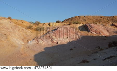 Colored Sands In Makhtesh Gadol Or Large Crater, Nature Reserve In Negev Desert, Israel