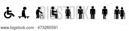 Senior Couple With Walking Cane. Senior Men And Women. Person With Disabilities And Physical Injury 