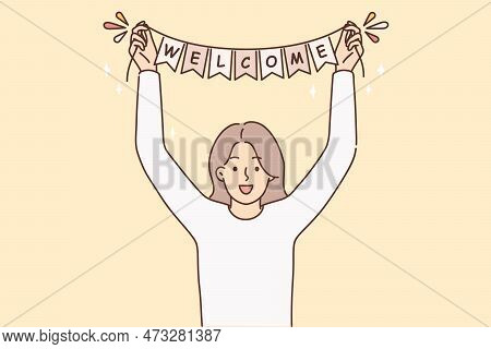 Smiling Woman With Welcome Sign In Hands Greeting Someone. Happy Female Meet Person Hold Party Decor
