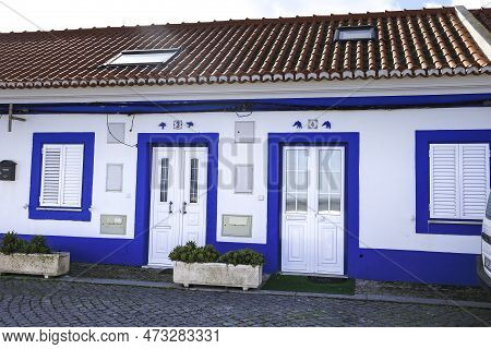 Alcochete, Lisbon, Portugal- October 21, 2022: Typical Whitewashed Facade In Alcochete Town, Lisbon