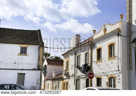 Alcochete, Lisbon, Portugal- October 21, 2022:typical Facades And Narrow Streets In Alcochete Town, 
