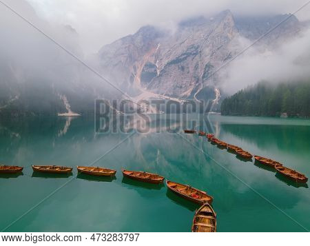 Lago Di Braies Braies Lake, Pragser Wildsee At Sunrise. Trentino Alto Adidge, Dolomites Mountains