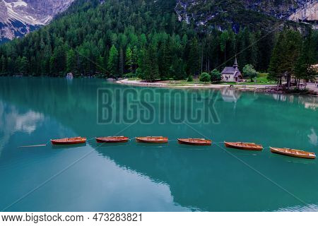Lago Di Braies Braies Lake, Pragser Wildsee At Sunrise. Trentino Alto Adidge, Dolomites Mountains