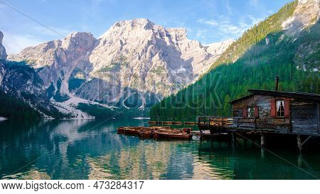 Lago Di Braies Braies Lake, Pragser Wildsee At Sunrise. Trentino Alto Adidge, Dolomites Mountains