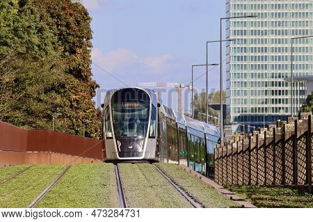New Very Modern Tram, Big Capacity, Comfortable, Fast, Going Direction Luxexpo. Luxembourg, Luxembou