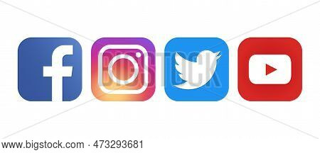 Facebook, Instagram, Twitter, Youtube - Collection Of Popular Social Media Icon. Editorial Only. Kyi