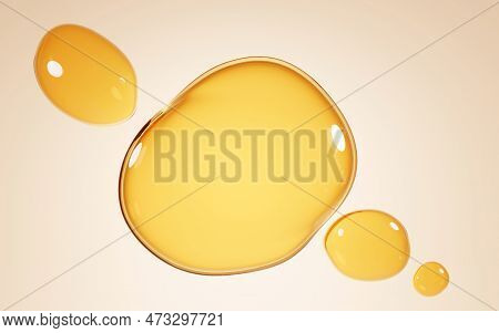 Gold Stains Of Oil, Serum Droplets Or Honey On Beige Background. Bubbles Collagen Essence, Mockup Li