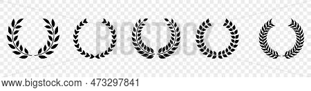 Laurel Wreath Silhouette Black Icon Set. Vintage Circle Olive Leaves, Achievement Emblem. Tree Branc