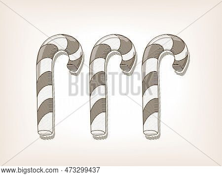 Christmas Candies Sketch Brown Style Vector Illustration. Old Hand Drawn Engraving Imitation.
