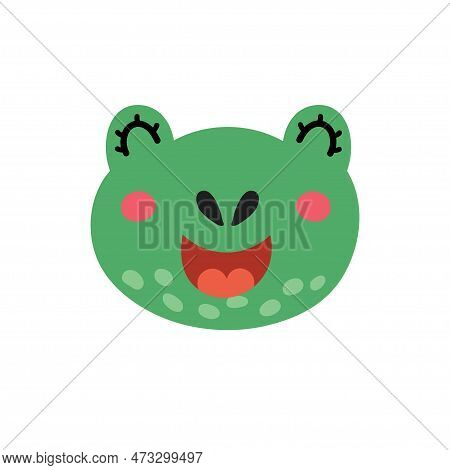 Cute Frog Face. Funny Smiling Toad Character Head. Hand Drawn Animal In Cartoon Style