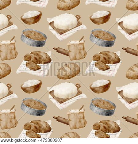 Watercolor Bread Seamless Pattern. Hand Drawn Baking Products Illustration. Loaf Of Wheat Bread, Dou