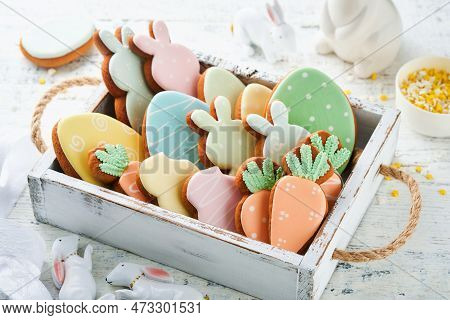 Easter Homemade Gingerbread Rabbits, Carrots, Chickens And Eggs Icing Cookies. Festive Holiday Sweet