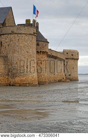 Mont Saint-michel, France, September 28, 2019 : The Mont Saint-michel Abbey Ramparts In Morning Ligh
