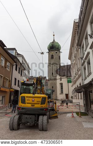 Bregenz, Austria - March 19, 2023: Repair Of Underground Utilities On The Streets Of Bregenz