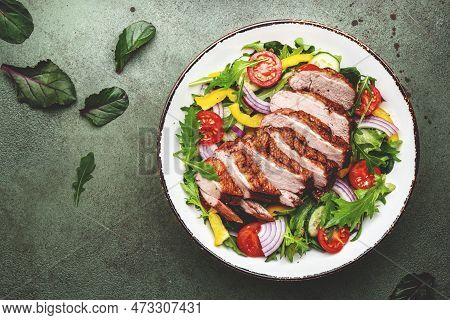 Duck Salad With Grilled Breast And Vegetables: Red Tomato, Cucumber, Paprika, Onoin  And Chard, Fris