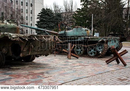 Kremenchuk, Ukraine - January 21, 2023. Destroyed Russian Tanks. Display Of The Destroyed Military E