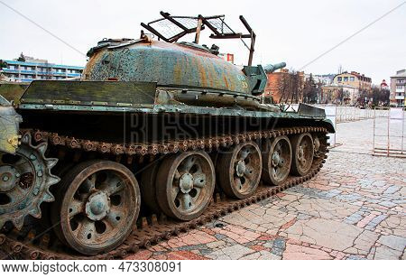 Kremenchuk, Ukraine - January 21, 2023. A Broken Russian Tank. Display Of The Destroyed Military Equ
