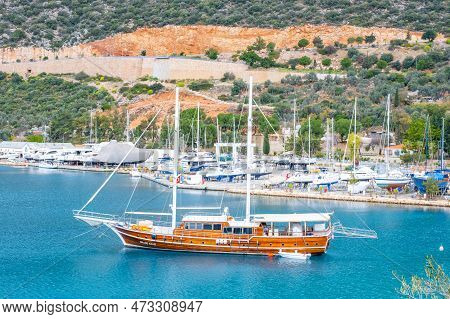 Kas, Turkey - February 5, 2023: Blue Lagoon With A Yacht Port In Kas City, Turkey