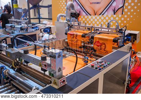 Moscow, Russia - June 05, 2019: Package Exhibition. Fully Automatic High Speed Shopping Bag Making M