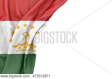 Flag Of Tajikistan In The Corner On White Background. 3d Rendering. Isolated