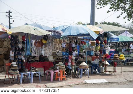 Kanchanaburi, Thailand- 16 Feb, 2023: Vendors Sell Various Of Stuffs At Tham Krasae Bridge Station. 