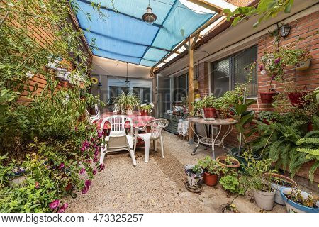 Inner Patio With Exposed Adobe, Flowerpots Of The Same Material, Wrought Iron Railing, Trees And Man