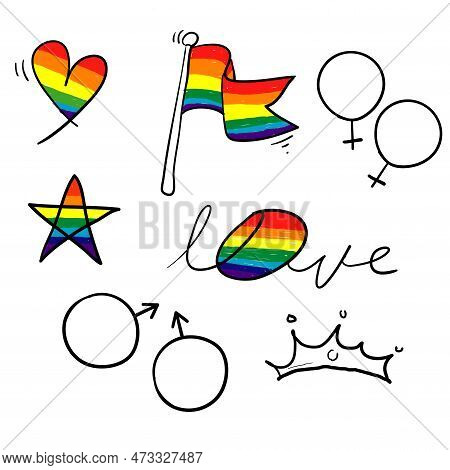 Hand Drawn Pride, Love, With Rainbow Symbol For Gay Slogan And Lgbt Rights. Doodle Vector