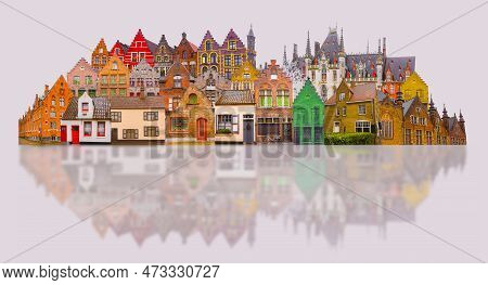 The Collage From Views Of Historic Medieval Buildings Along A Canal In Bruges, Belgium - Art Design
