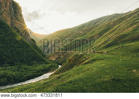 Scenic Famous Military Road To Truso Valley In Kazbegi National Park. Hiking Trail To Truso Valley. 
