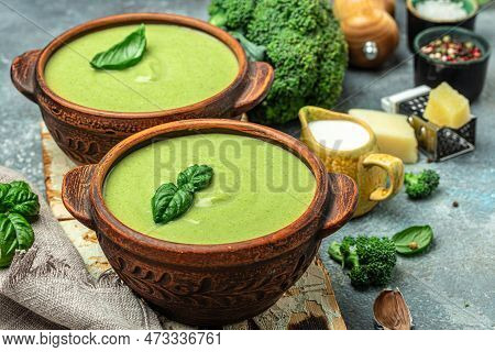 Broccoli Soup With Vegetables In A Bowl Omemade Healthy Organic Vegetarian Vegan Diet Fresh Food Mea