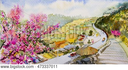 Family Holiday Travel In Winter With Blooming Pink Cherry Blossom. Watercolor Painting Landscape Of 