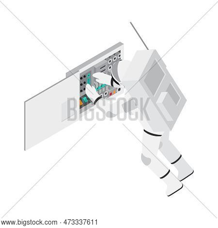 Astronaut In Outer Space Checking Equipment Isometric Vector Illustration