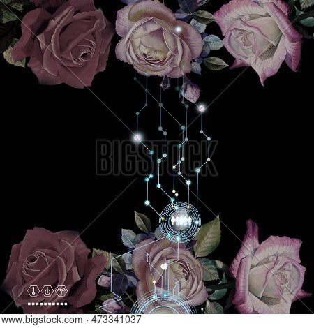 Concept Lline Light Network Technology Communicate Above The Roses In The Night For Valentine's Day,